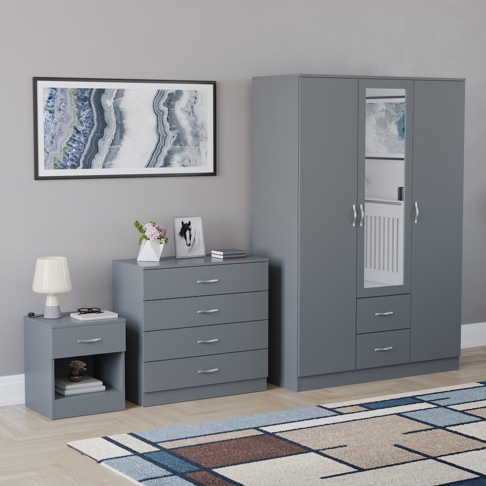 image 1 of Vida Designs Riano 3 Piece Bedroom Set (1 Drawer Bedside Chest, 4 Drawer Chest, 3 Door 2 Drawer Mirrored Wardrobe), Grey (5)