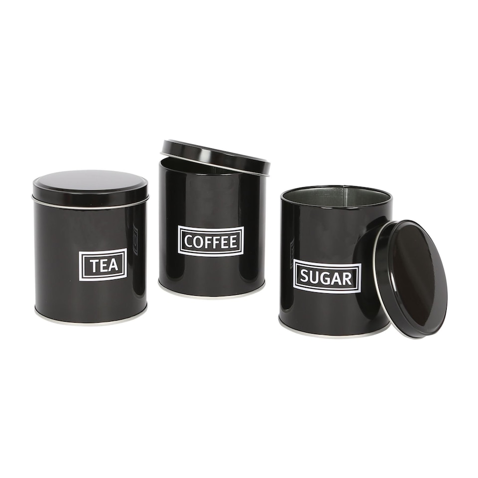 image 1 of Harbour Housewares 3pc Round Metal Tea Coffee Sugar Canister Set - Black