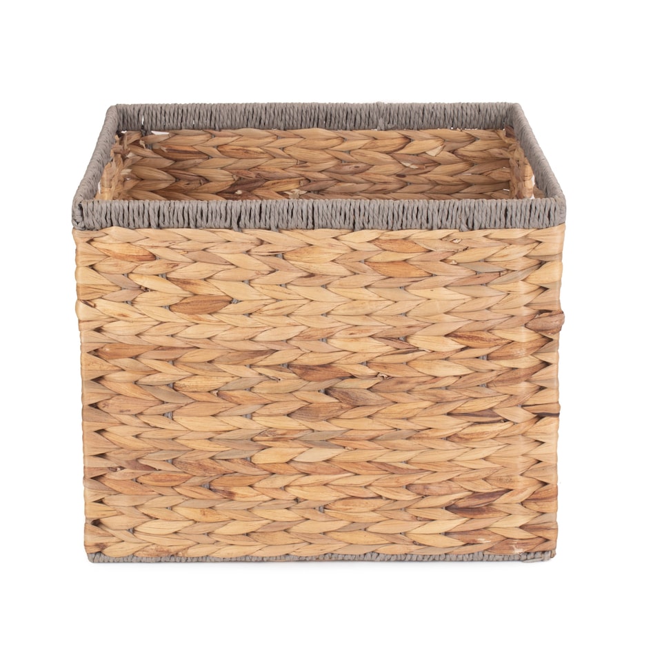 image 1 of Large Square Water Hyacinth With Grey Rope Border Storage Basket | Brown | Brown | L