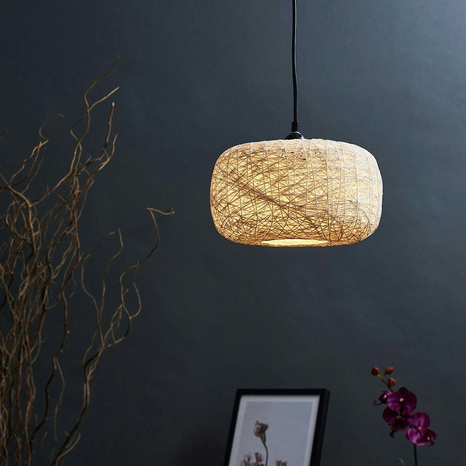 image 1 of ValueLights Modern Off White Lattice Wicker Rattan Doughnut Ceiling Pendant Light Shade