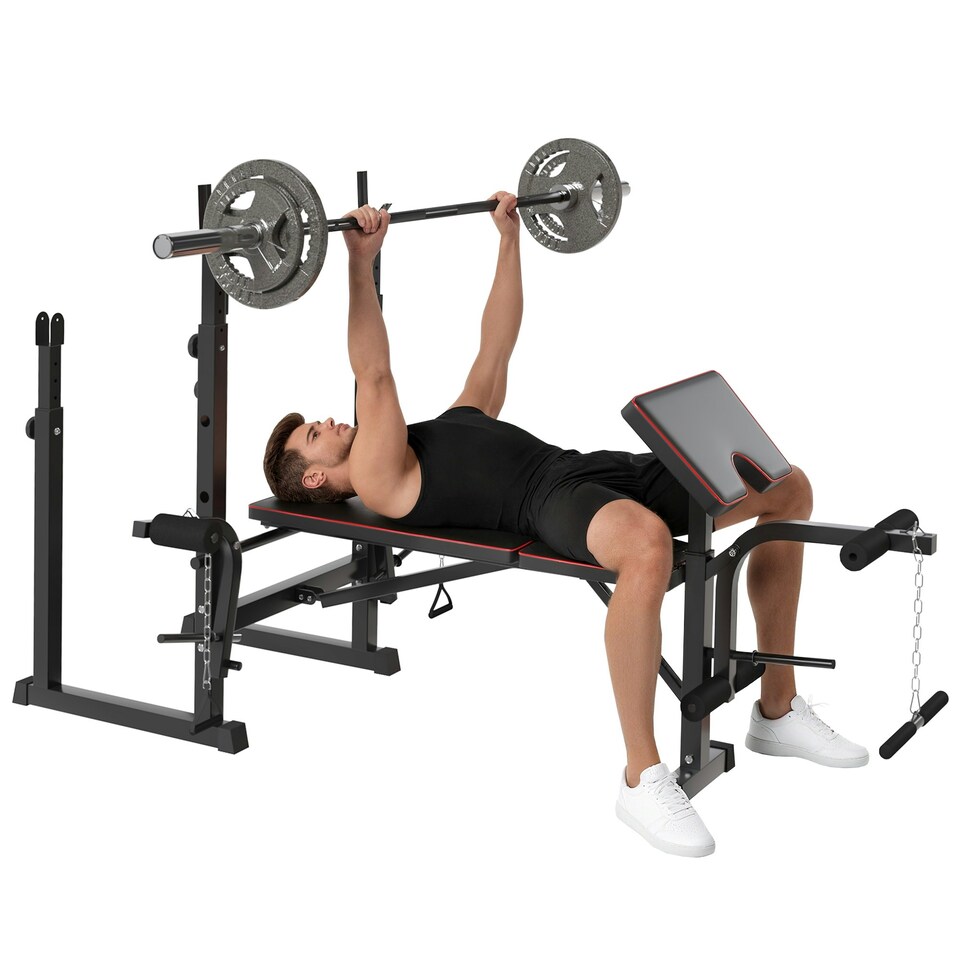 image 1 of SPORTNOW Weight Bench with Two Barbell Racks, Preacher Curl Bench