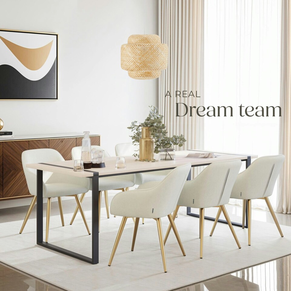 image 1 of Dining Chair Marilyn - corduroy look, upholstered, armchair, continuous backrest - Set of 4 Cream | Cream/Gold