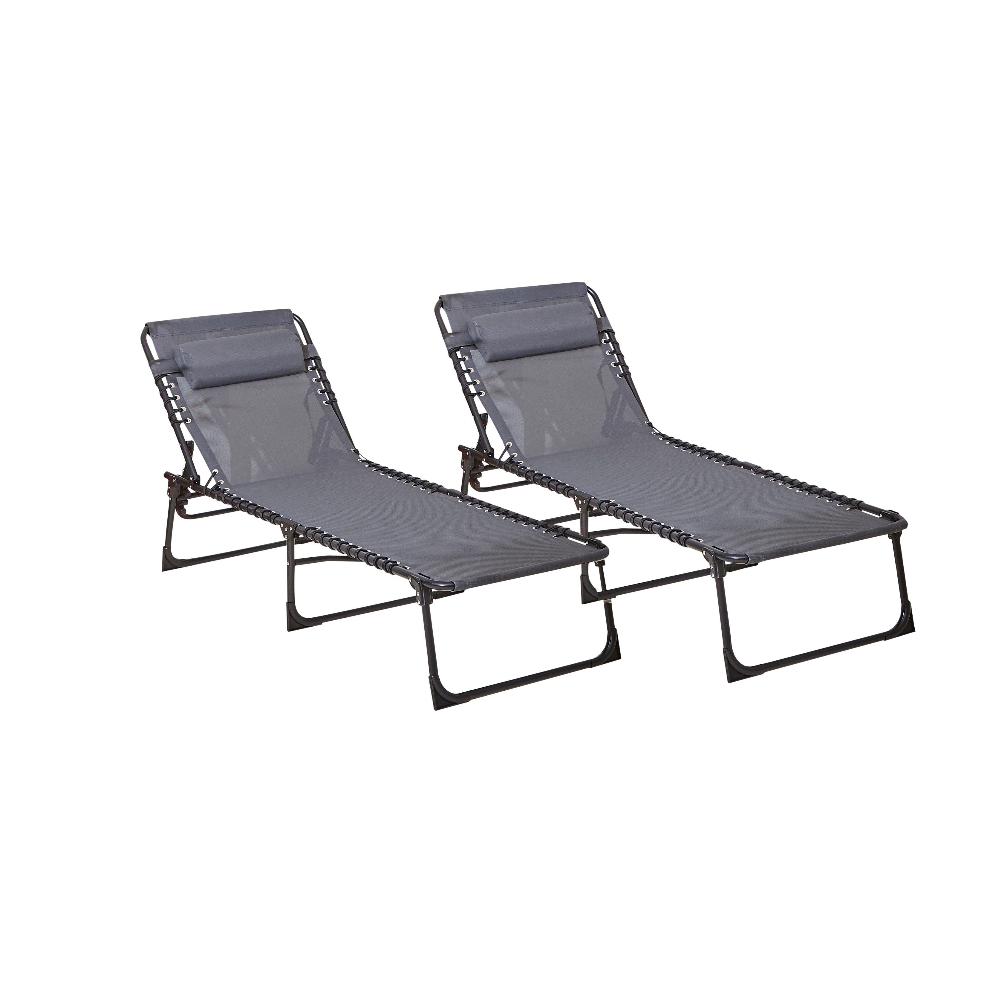 Neo Pair of Outdoor Portable Lightweight Sun Lounger Sunbed Folding Camping Reclining Lounge Chair Garden Beach Patio | Grey