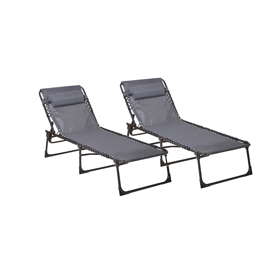 image 1 of Neo Pair of Outdoor Portable Lightweight Sun Lounger Sunbed Folding Camping Reclining Lounge Chair Garden Beach Patio | Grey