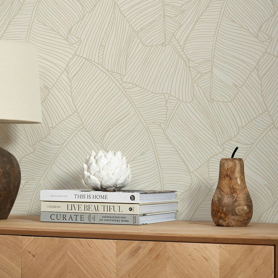 image 1 of Banana Leaf Wallpaper in Mushroom and Cream Multi