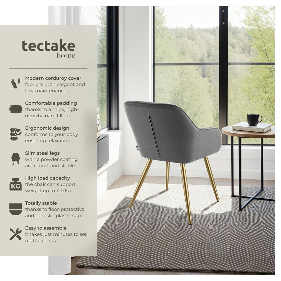 image 1 of Dining Chair Marilyn - corduroy look, upholstered, armchair, continuous backrest - Set of 4 Grey | Grey/Gold