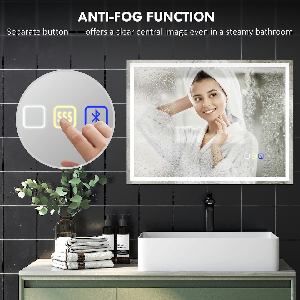 image 1 of HOMCOM 600 x 800 mm Bathroom Mirror with Bluetooth Lights Demister Pad Silver