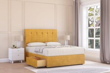 Sloomy Highbury Mustard Plush Divan Bed With Mattress 2 Drawers Same Side With 54" Floor Standing Headboard 5' King | Gold | Mustard | King | 1