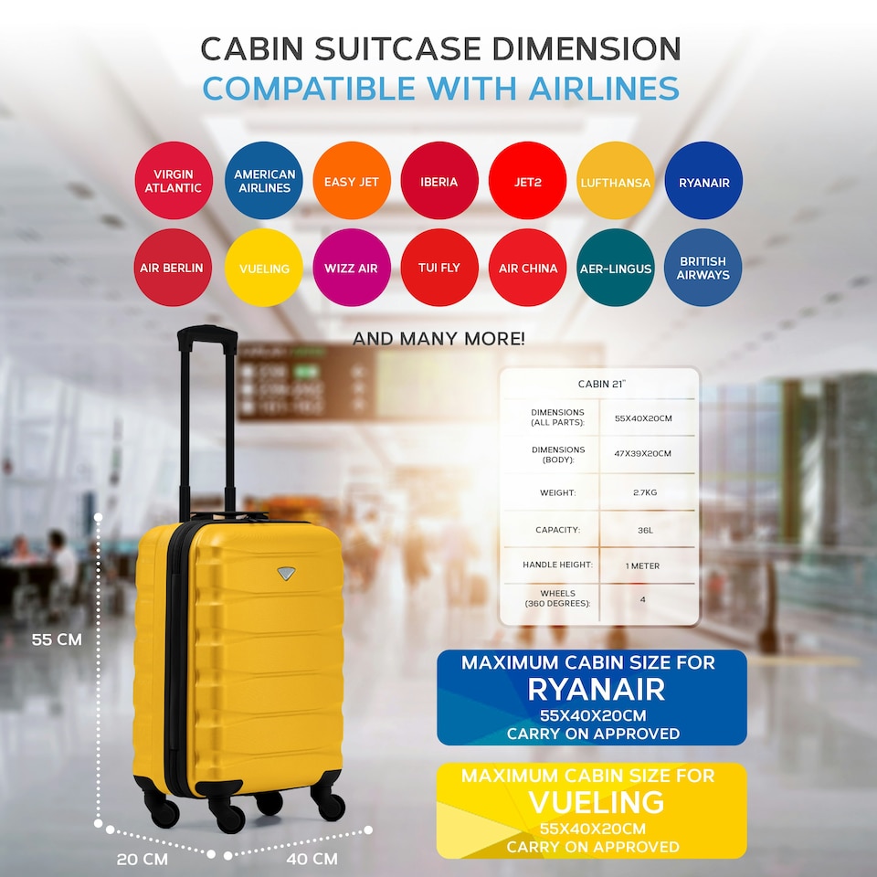 image 1 of 55x40x20cm Ryanair (Priority) TUI, Carry on Cabin Suitcase Hard Shell Approved for 60+ Airlines Yellow | Yellow/Black | Cabin Bag