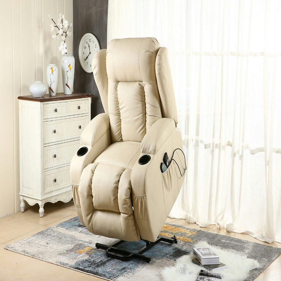 image 1 of Caesar Single Motor Rise Recliner Bonded Leather Heat & Massage Chair (Cream)