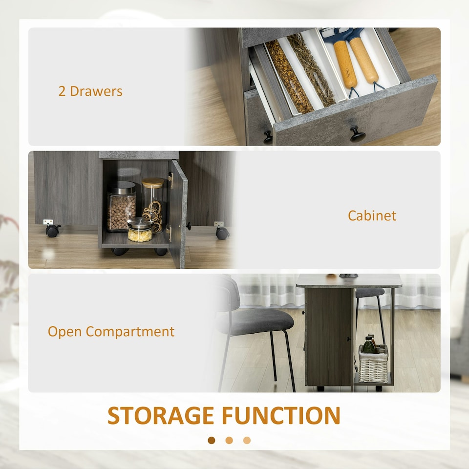 image 1 of HOMCOM Folding Dining Table, Drop Leaf Table With Storage Drawers Grey Marble