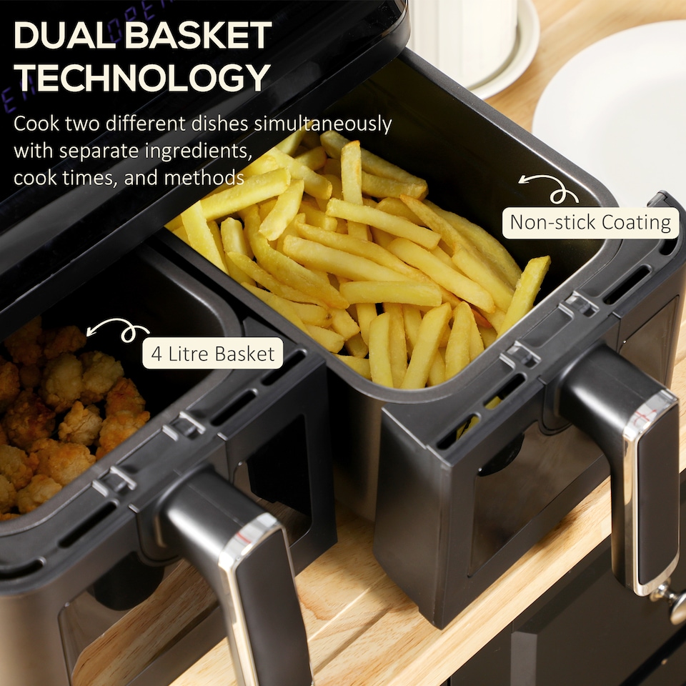 image 1 of HOMCOM 8L Dual Basket Air Fryer, 8-in-1 Air Fryer Oven with Digital Display, Visible, Timer, Preheat for Oil Free Low Fat Cooking, 2500W, Sync Finish, Sliver