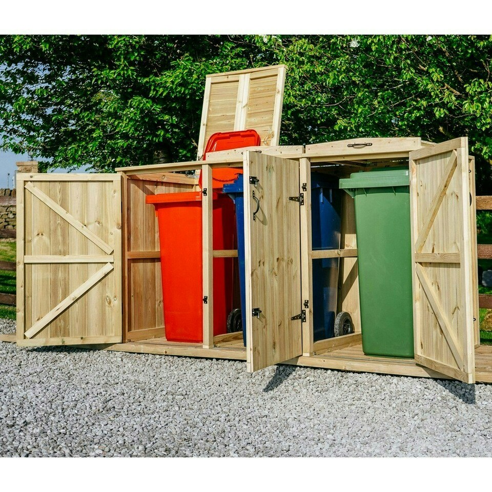 image 1 of Chatburn Triple Wheelie Bin Store - Timber - L97 x W214.2 x H125 cm - Fits 3 x 360L Wheelie Bins Brown