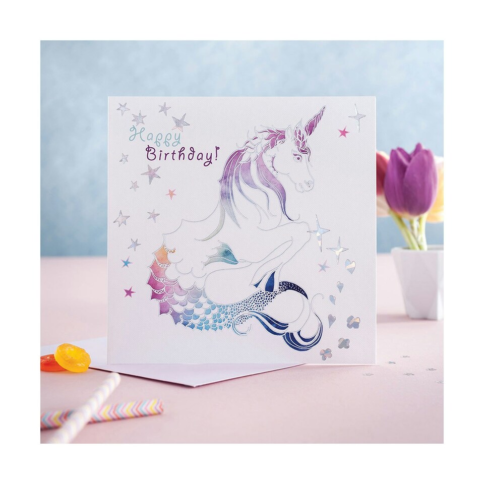 image 1 of Deckled Edge Prancing Myth Greetings Card - Happy Birthday - Merhorse (White/Rainbow) - One Size