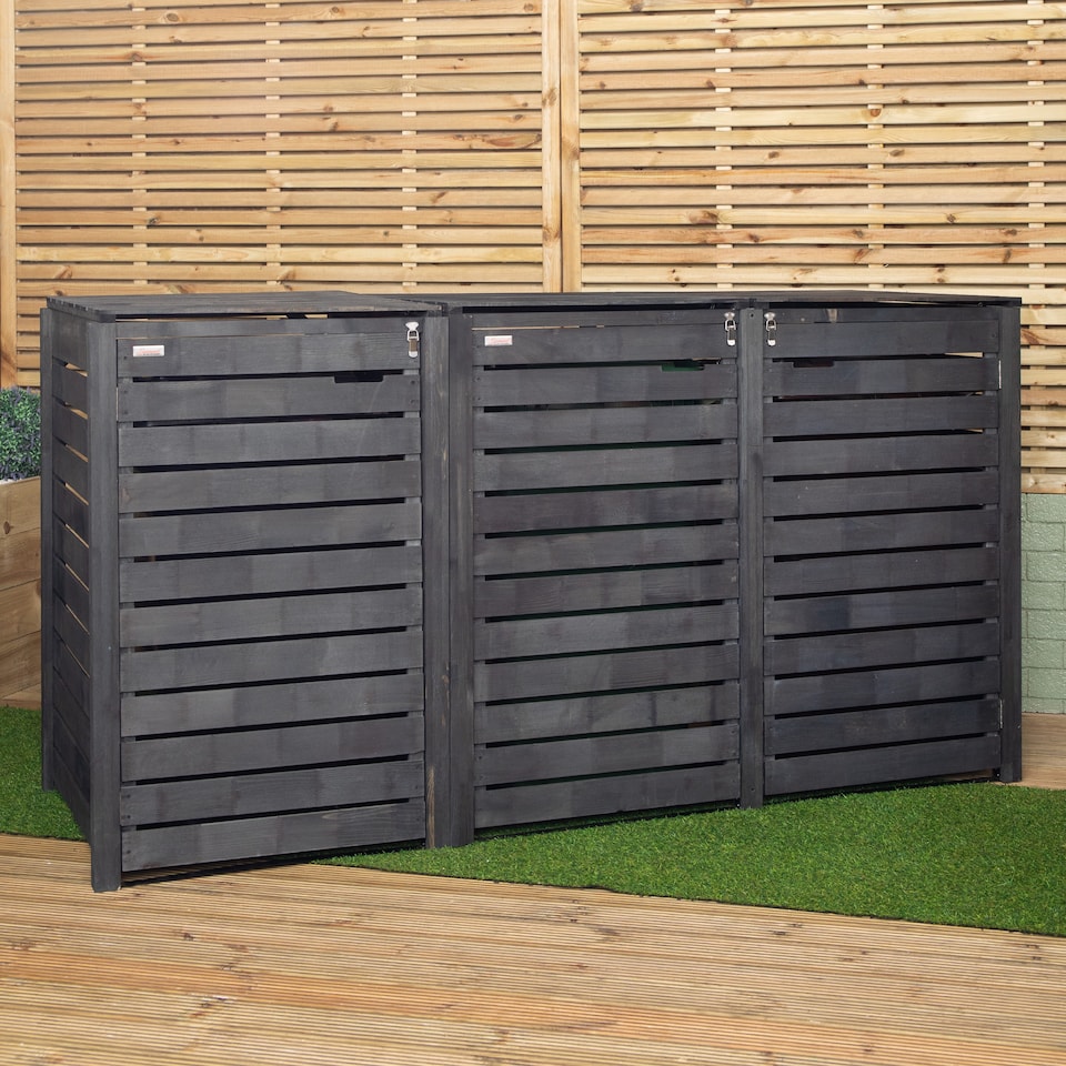 image 1 of 2.15m x 1.16m Outdoor Wooden Garden Triple Wheelie Bin Store Storage for 3 Bins in Dark Grey