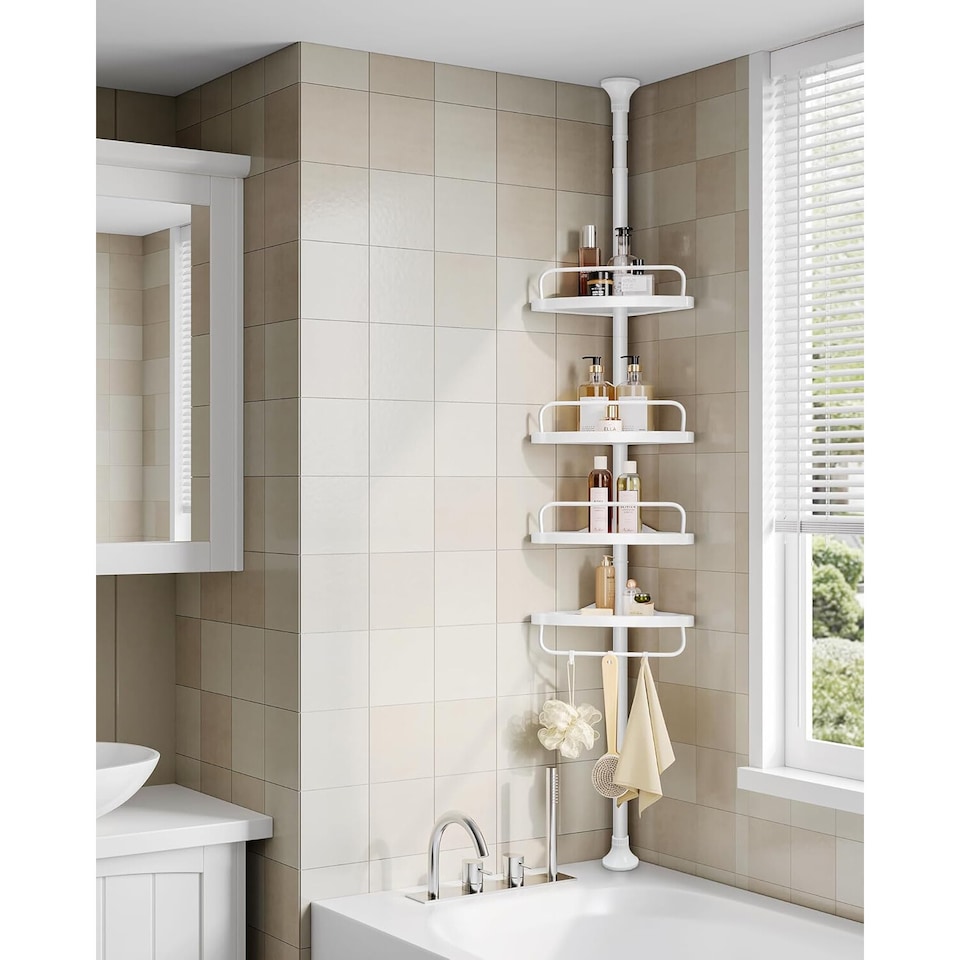 image 1 of Adjustable 4-Tier Corner Storage Organizer with Extension Rod, Rust-Resistant Bathroom Shower Shelf Rack, White