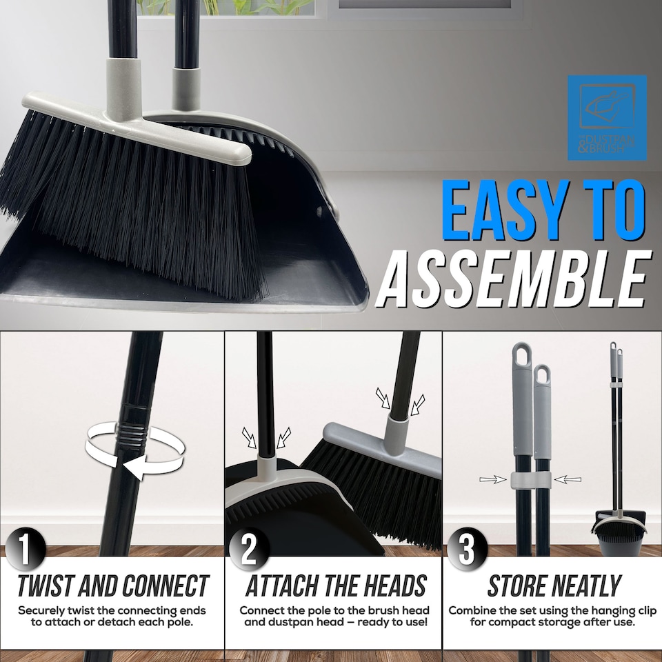 image 1 of Long Handled Dustpan and Brush Set Upright Sweeping Broom with Built-In Bristle Cleaner