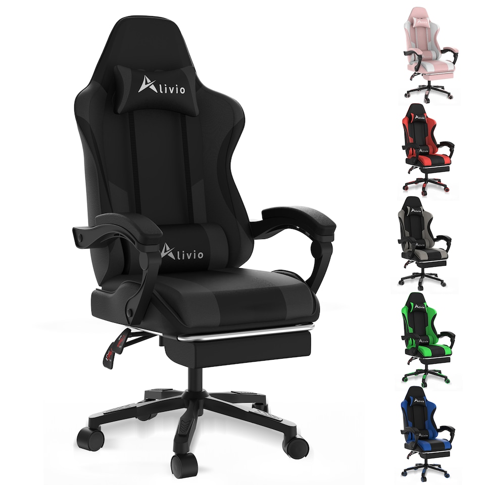 image 1 of Alivio Ergonomic Gaming Chair with Massage Lumbar Cushion & Retractable Footrest, PU Leather Video Game Chair (Black)
