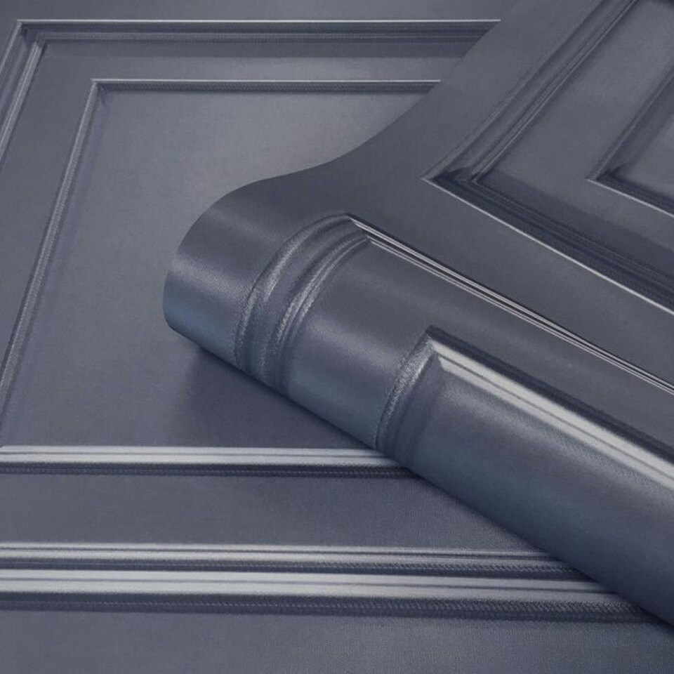 image 1 of Belgravia Amara Wood Panel Vinyl Textured Wallpaper - Dark Blue - 10m x 53cm Blue