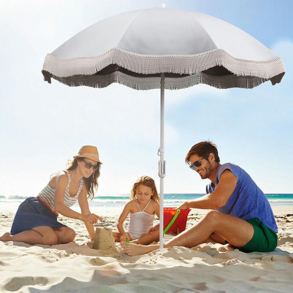 image 1 of COSTWAY 180 cm Outdoor Fringe Patio Parasol Sunshade Umbrella Cream