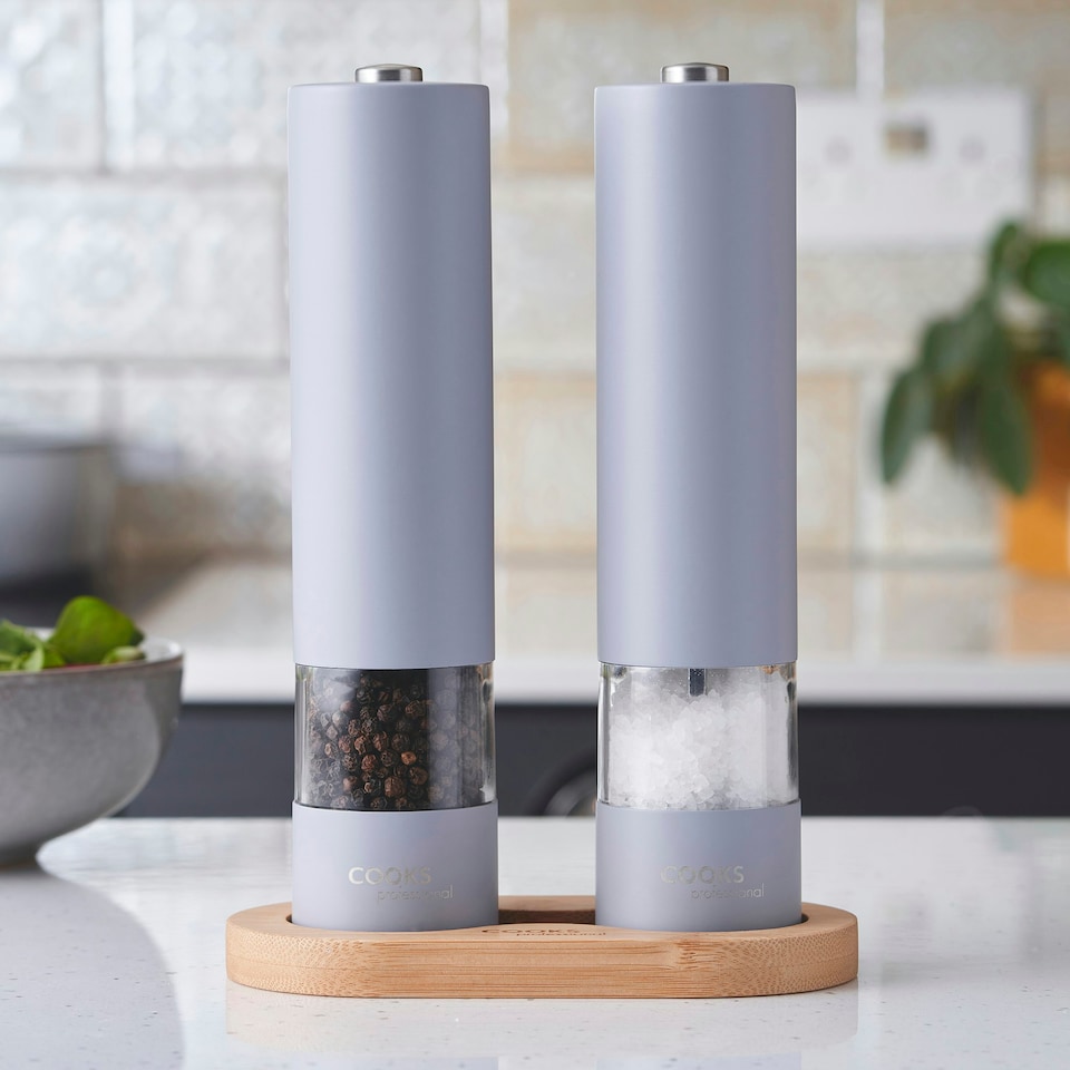 image 1 of Cooks Professional Electric Salt & Pepper Mill Set with Bamboo Base | Adjustable Grind Settings | Simple One-Button Operation | Matt Grey / Bamboo