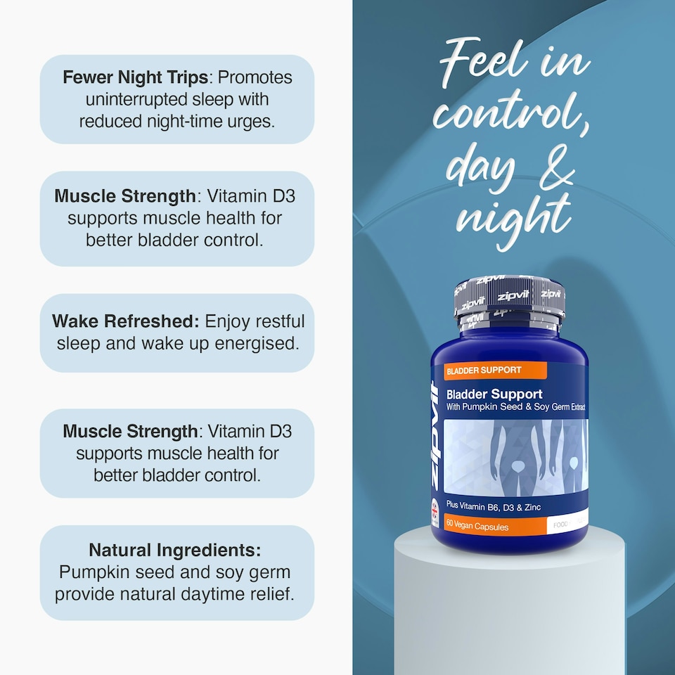 image 1 of Zipvit Bladder Support Complex with Pumpkin Seed, Soy Germ, B6, D3 & Zinc, 60 Vegan Capsules