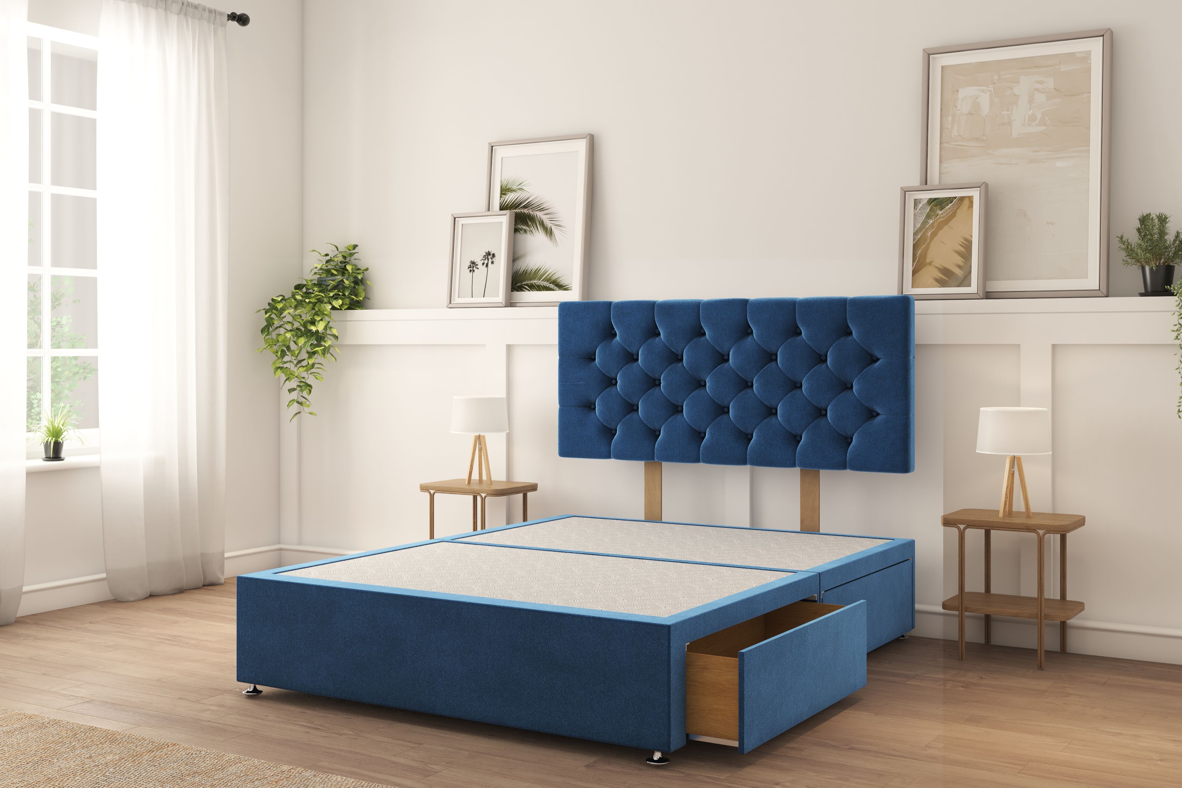 Sloomy Mayfair Navy Plush Divan Bed Base 2 Drawers Foot-End With 26" Strutted Headboard 4'6 Double