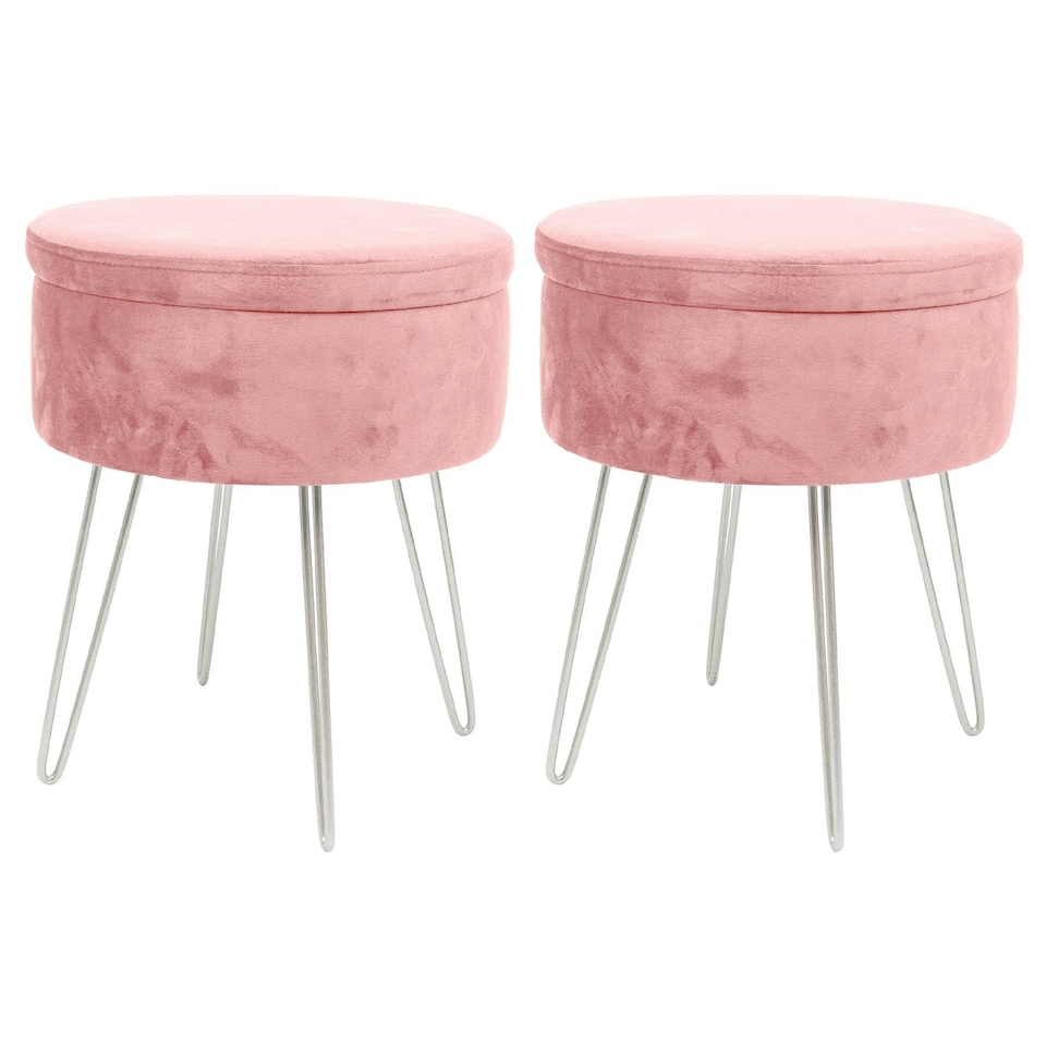 image 1 of Harbour Housewares Set Of 2 Pink Velvet Storage Footstools Round Silver Base Ottomans H45 x D36cm Elegant Soft Seating Decor Pink