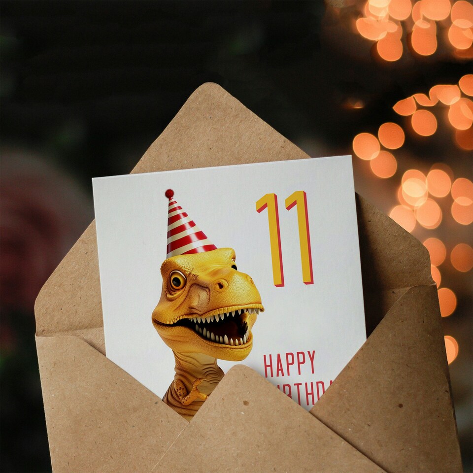 image 1 of T-Rex Dinosaur Party Hat Kids Age 11 Year old Kids 11th Birthday Card