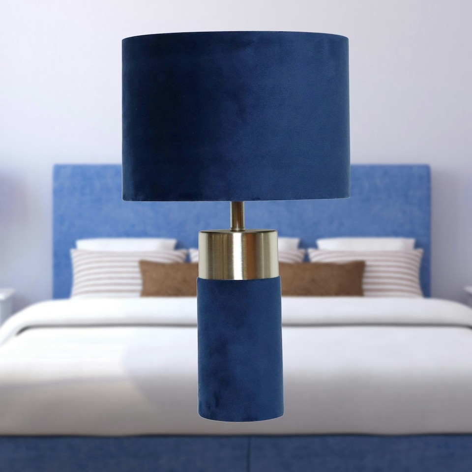 image 1 of Navy Blue Velvet with Satin Chrome Detail Table Lamp Blue | Chrome