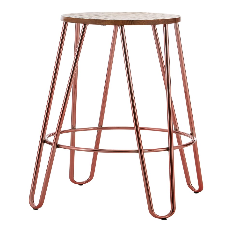 image 1 of Interiors by Premier Rose Gold Metal and Elm Wood Round Bar Stool, Hairpin Stool, Sturdy Stool for Bar, Kitchen Counter