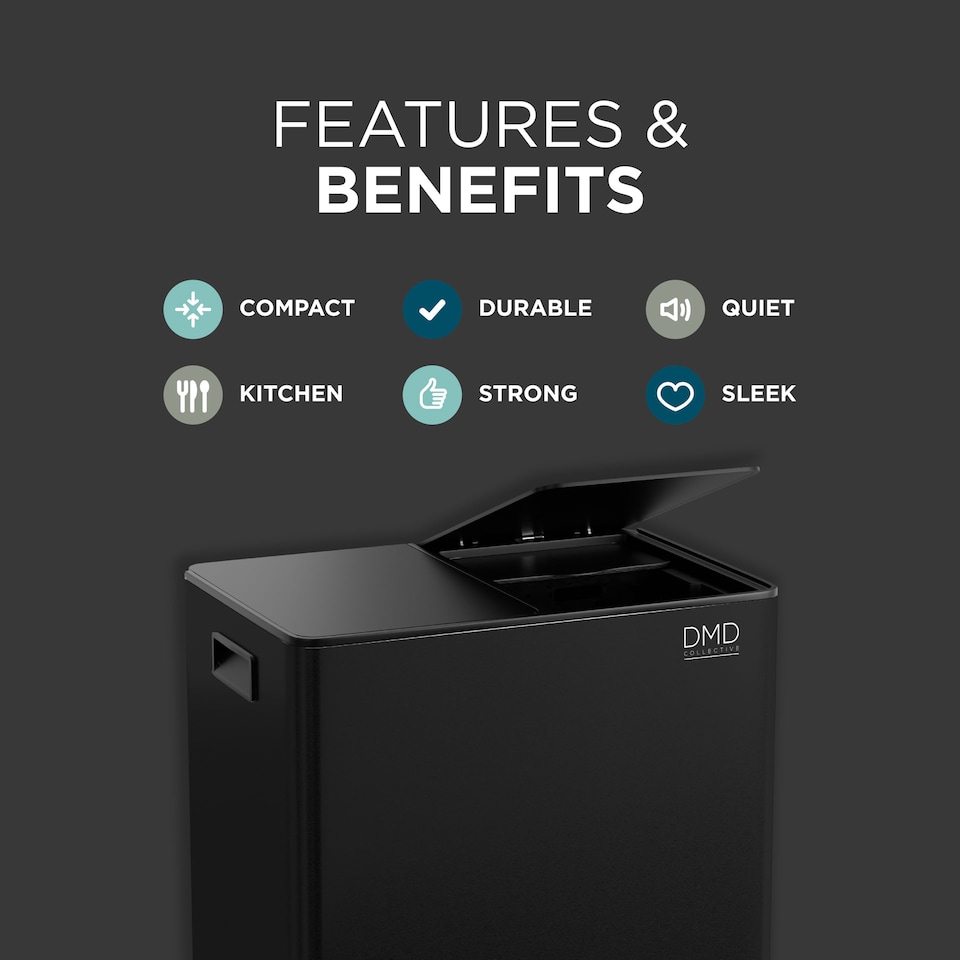 image 1 of 60L Stainless Steel Rubbish Bin, 2 x 30L Removable Recycling Bins & 3L Compost Bin Included