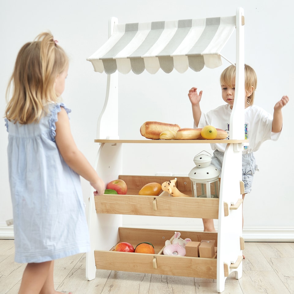 image 1 of Hooga Kids Wooden Toy Shop, Role Play Shop Market Stand With Realistic Shelving and Fabric Canopy