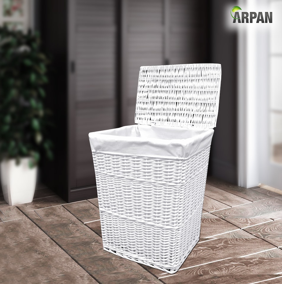 image 1 of ARPAN White Wicker Laundry Basket with Lid & Removable Washable Liner, Natural Woven Clothes Washing Hamper, Laundry Storage Basket for Bedroom, Bathroom & Utility Room