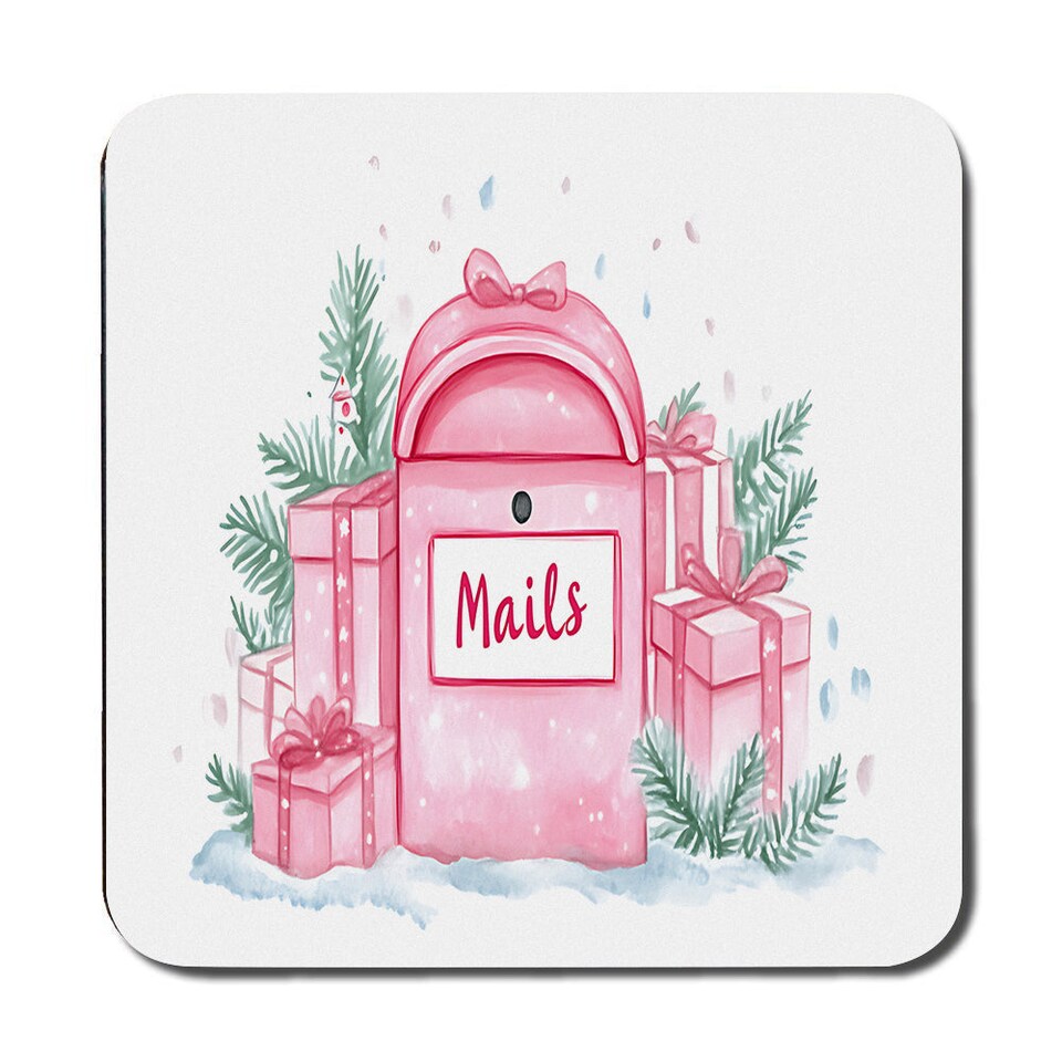 image 1 of Pink Christmas Mailbox Placemat And Coaster Set With Gift Boxes