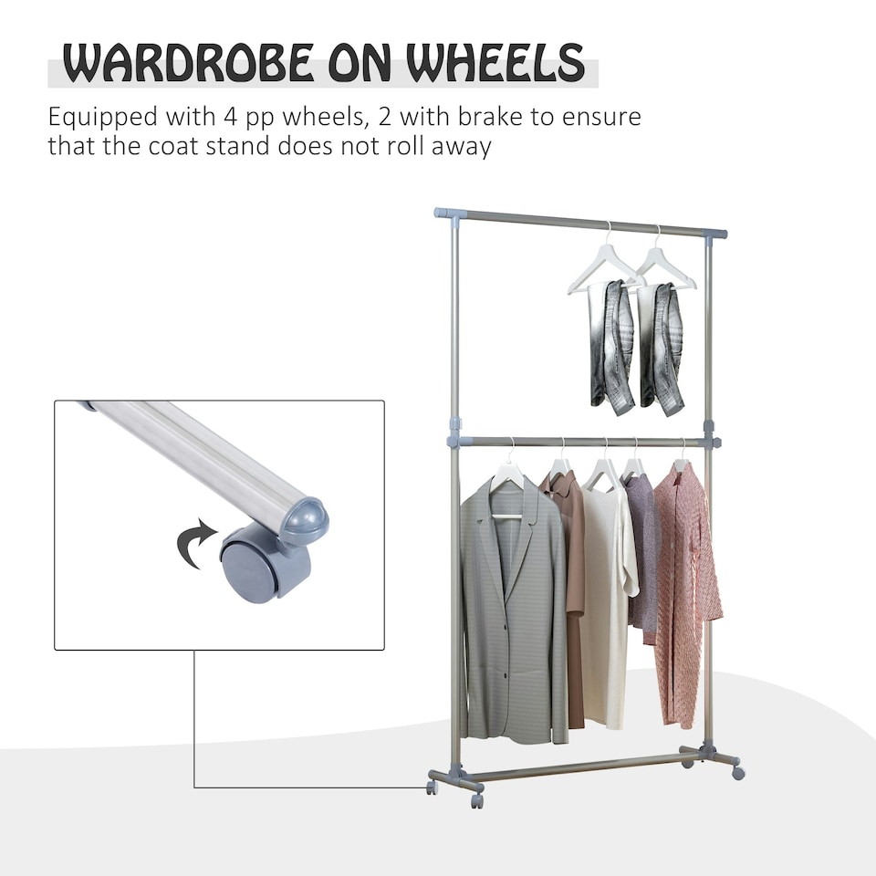 image 1 of HOMCOM Garment Rail Adjustable Portable Clothes Hanging Stand Rack Wheels