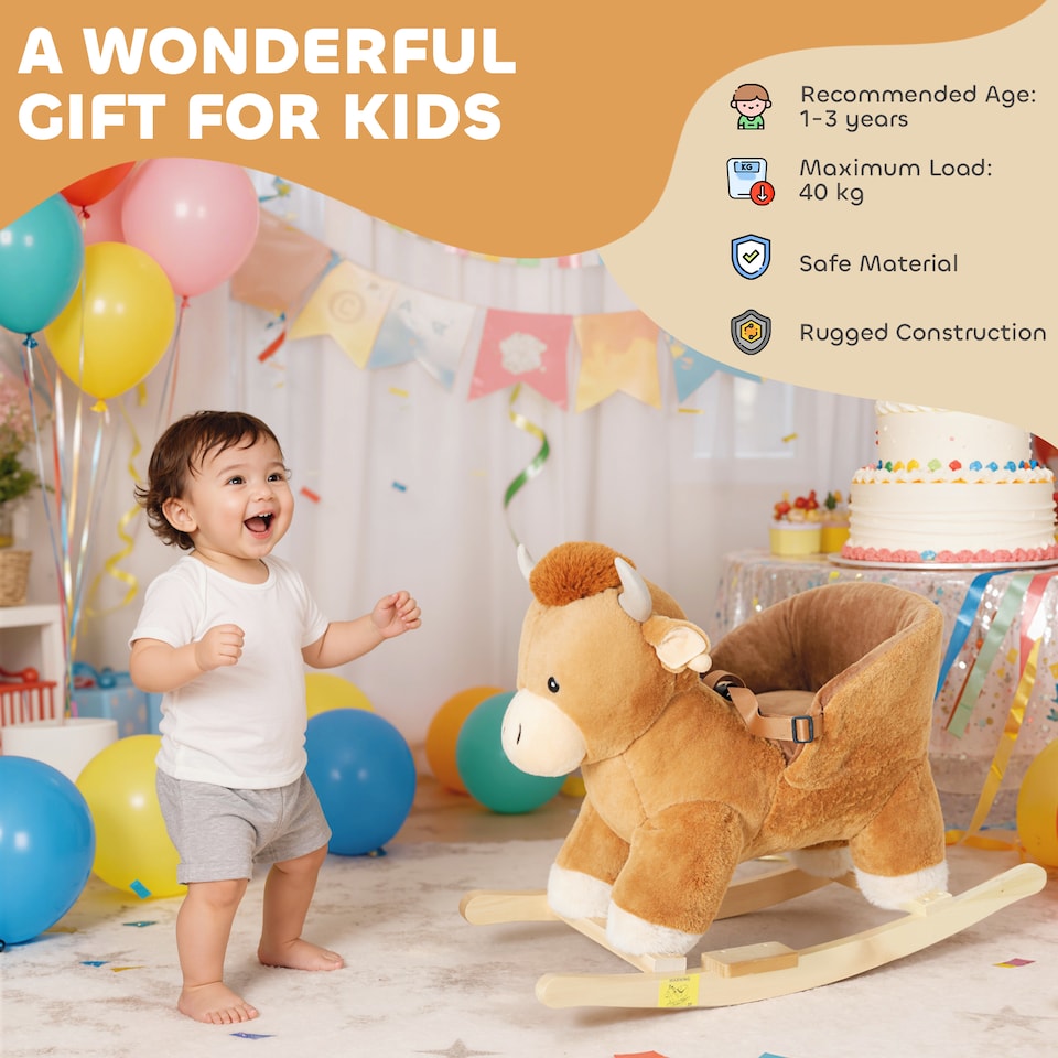 image 1 of AIYAPLAY Baby Rocking Horse, Plush Ride on Cow Seat for Toddlers 1-3 Years with Song, Safety Belt, Wood Base, Animal Rocker for Children, Brown