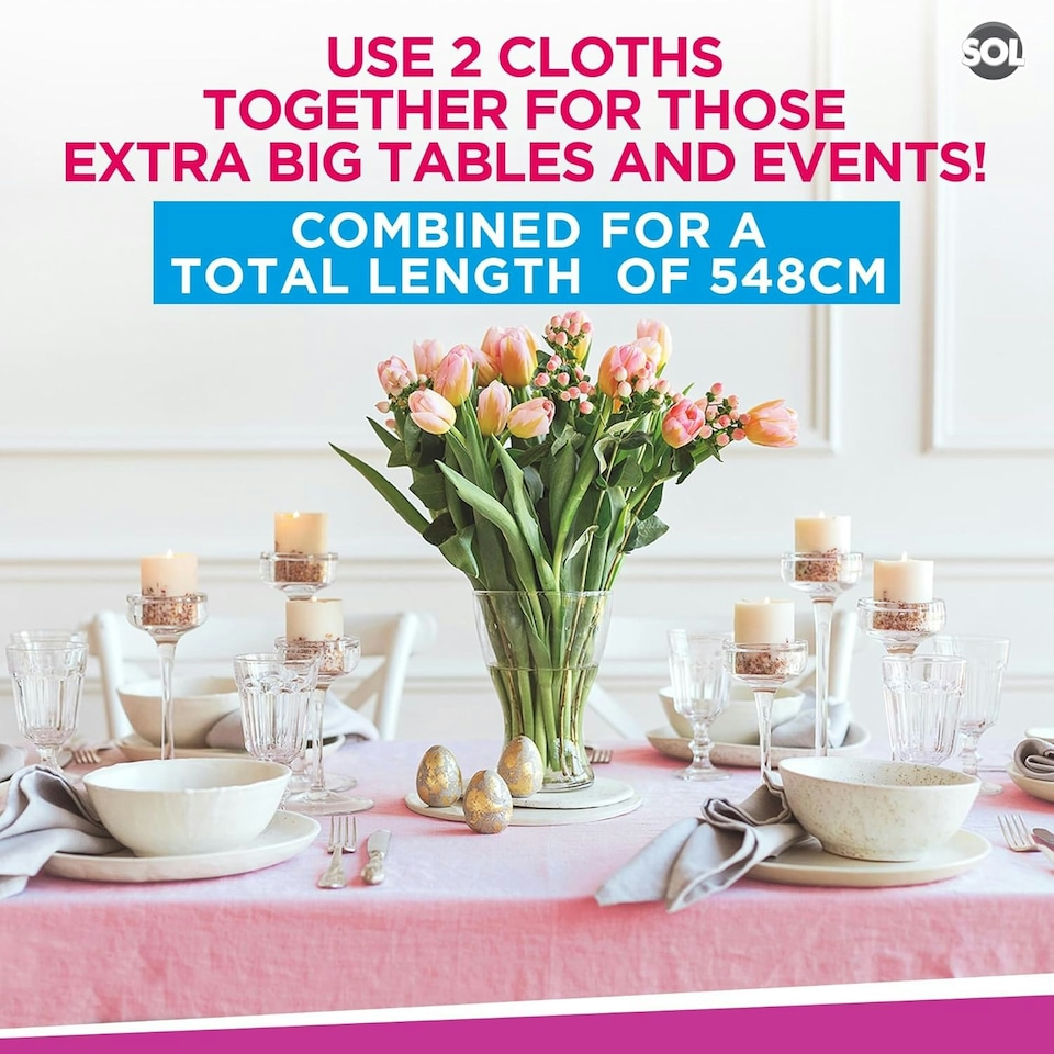 image 1 of SOL 2pk Long Pink Table Cloth Party 274x137cm Plastic Cover Disposable Pink