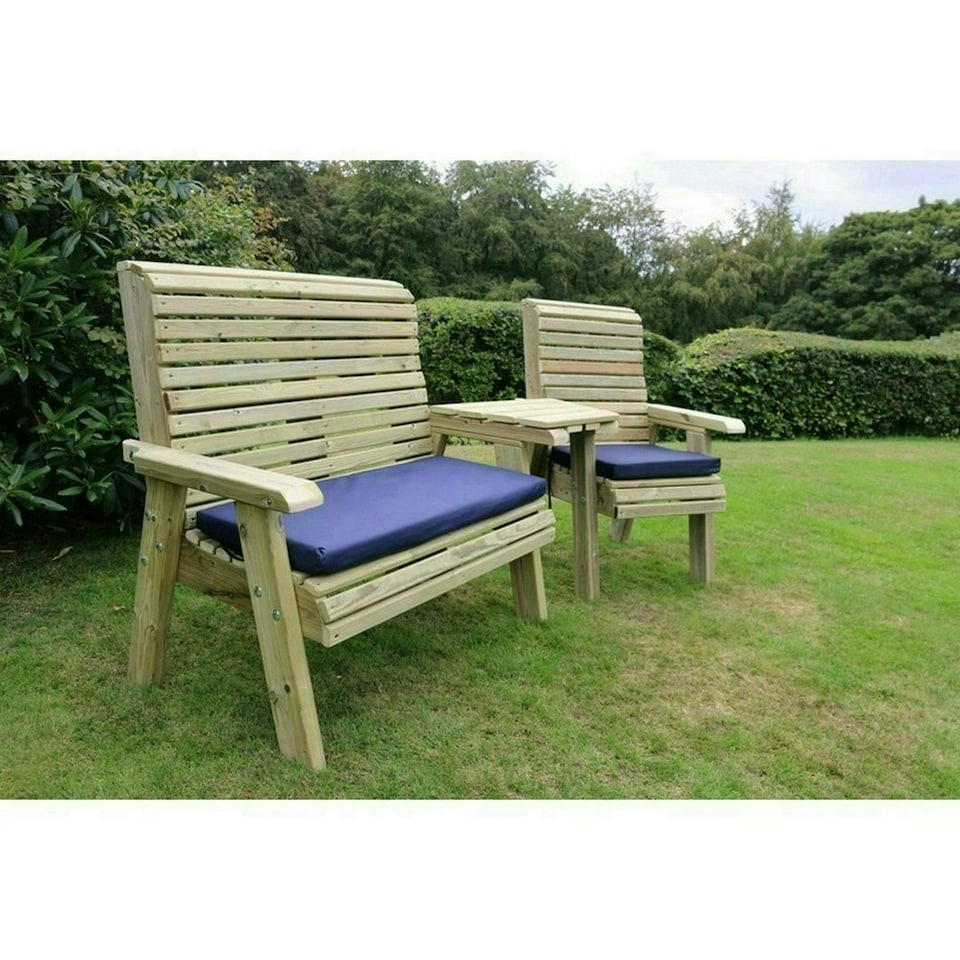 image 1 of Ergonomic Trio Set Wooden Garden Bench & Chair Set - L75 x W220 x H105 cm - Fully Assembled - Set of Waterproof Cushions Included