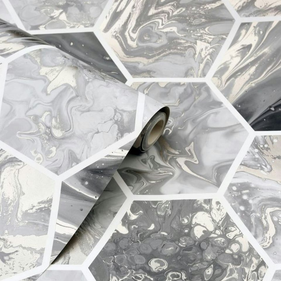 image 1 of Arthouse Marbled Hex Wallpaper - Charcoal/Rose Gold - 10m x 53cm Black