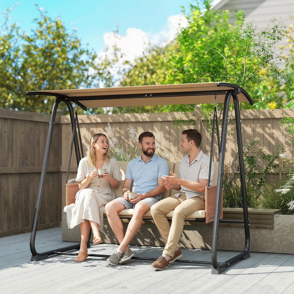 image 1 of Outsunny 3 Seater Garden Swing Chair with Adjustable Canopy, Sand Brown | Brown | Sand Brown | L