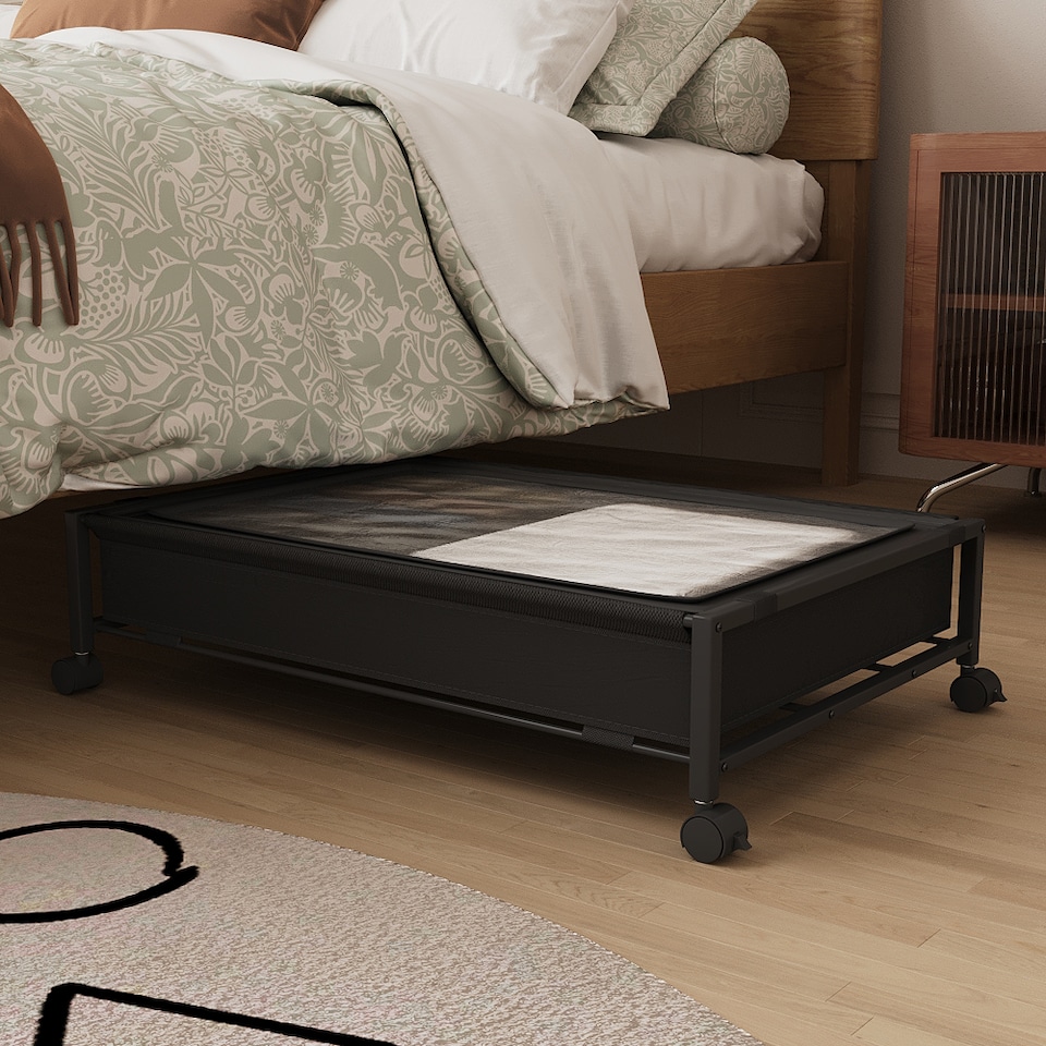 image 1 of Living and Home Under Bed Steel Storage Organizer Basket with Wheels | Black