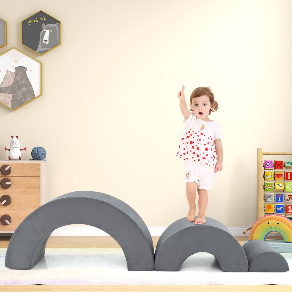 image 1 of COSTWAY 3 Piece Toddlers Climbing Toy Indoor Soft Play Equipment Playset-Grey