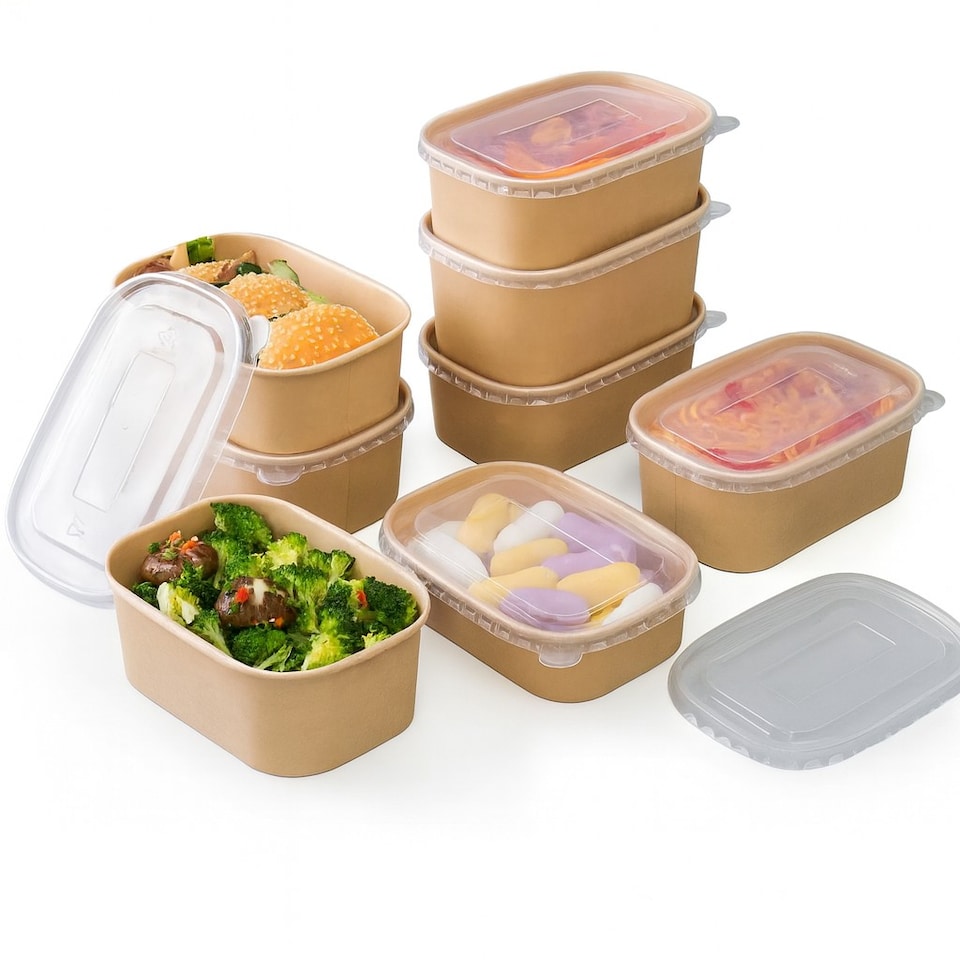 image 1 of ECONX 650ml Kraft Food Containers with Plastic Lids Rectangular Takeaway Food Box 50pc
