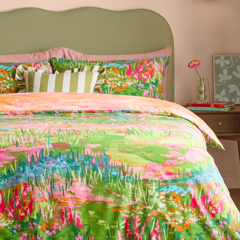 image 1 of Furn Meadow Escape Reversible Duvet Cover Set | Green | Green/Pink | Super King