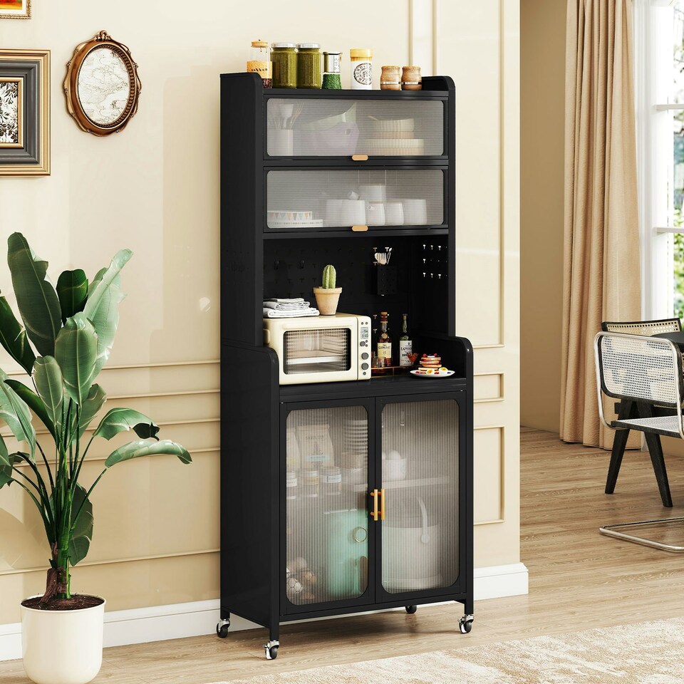 image 1 of COSTWAY Kitchen Pantry Storage Cabinet with Large Countertop Black