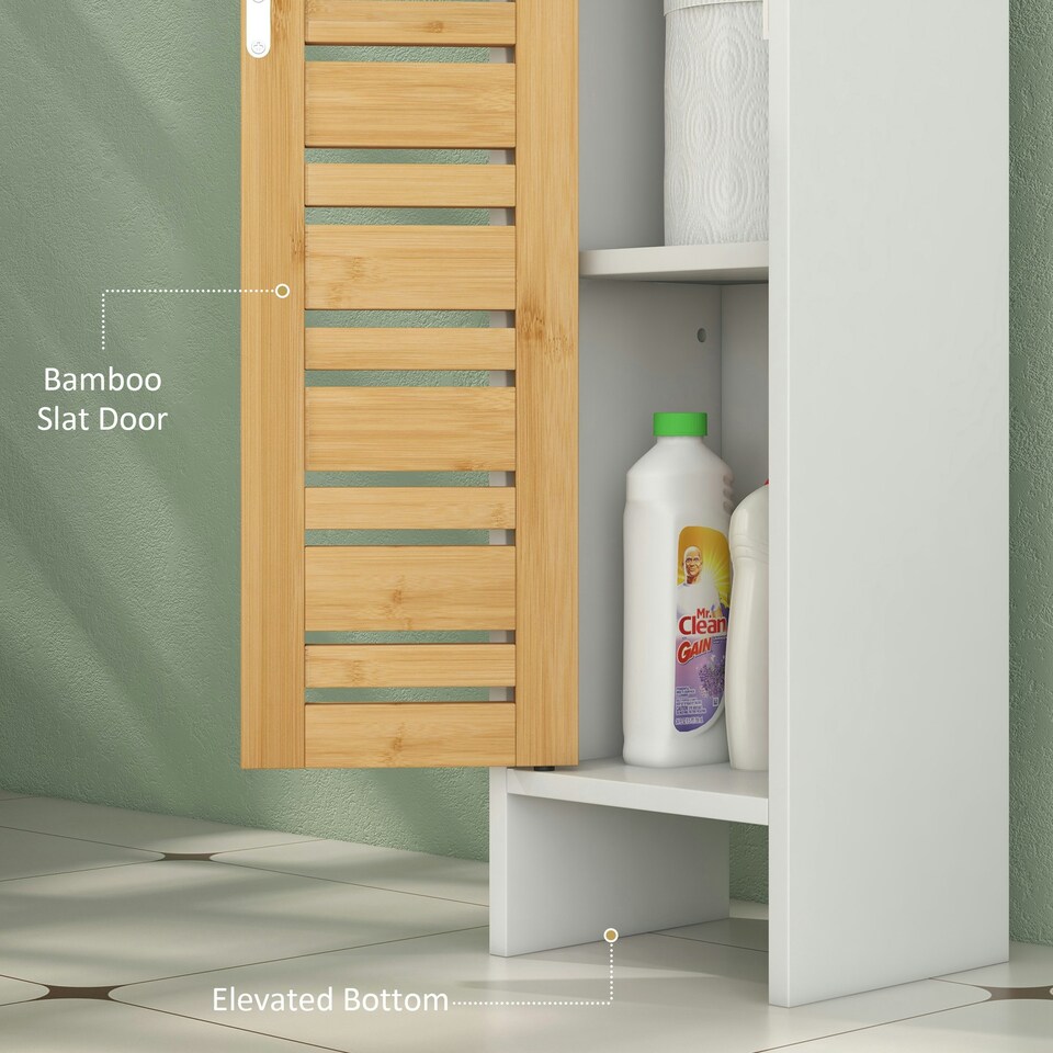 image 1 of HOMCOM Bathroom Cabinet, Slim Bathroom Unit with Adjustable Shelf, White White | Natural bamboo