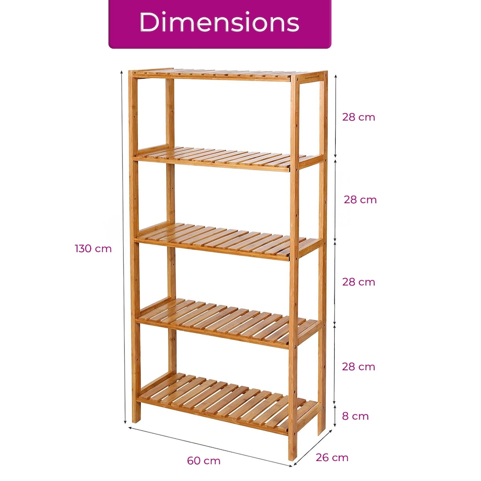 image 1 of Neo 5 Tier Bamboo Storage Shelf Shelves Rack Adjustable | Brown | Natural Wood