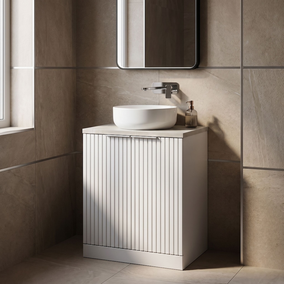 image 1 of Balterley Callingwood Contemporary Floor Standing 2 Door Vanity Unit with Marble Plaster Laminate Worktop , 600mm, Matt White