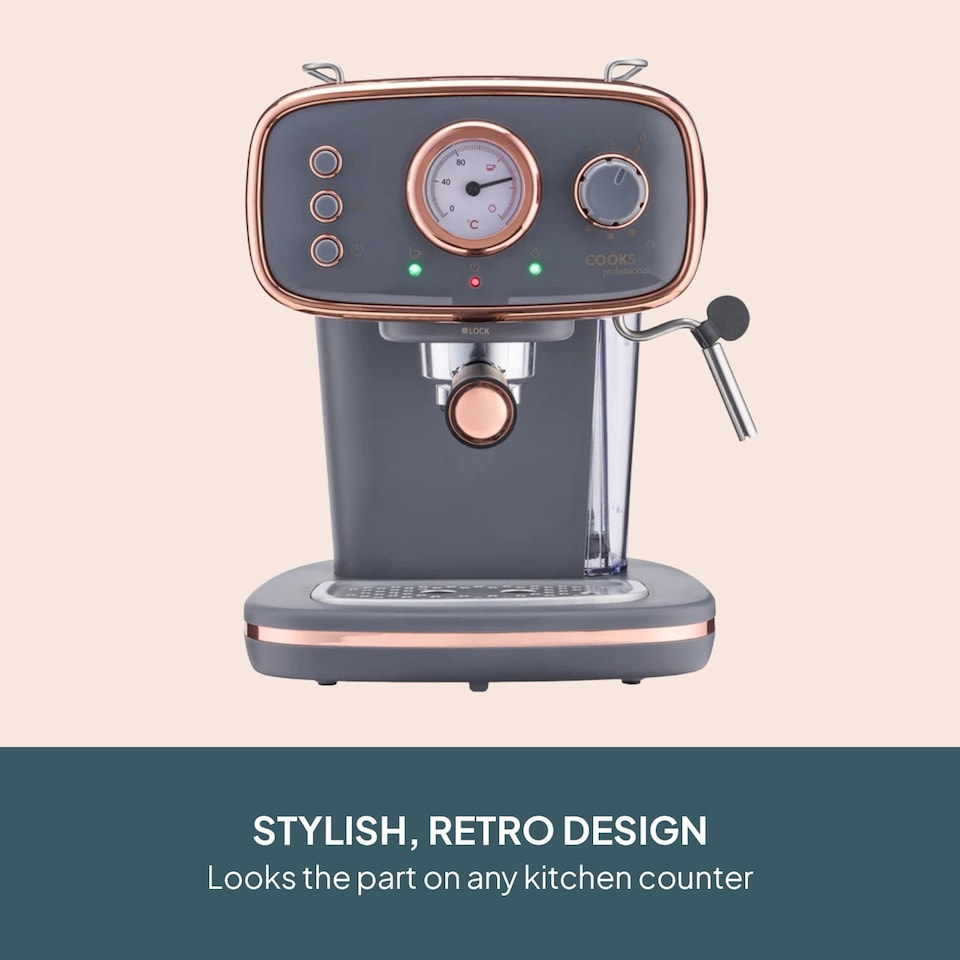 image 1 of Cooks Professional 15-Bar Retro Espresso Coffee Machine 1.2L with Frothing Steam Wand | Grey | Grey & Copper